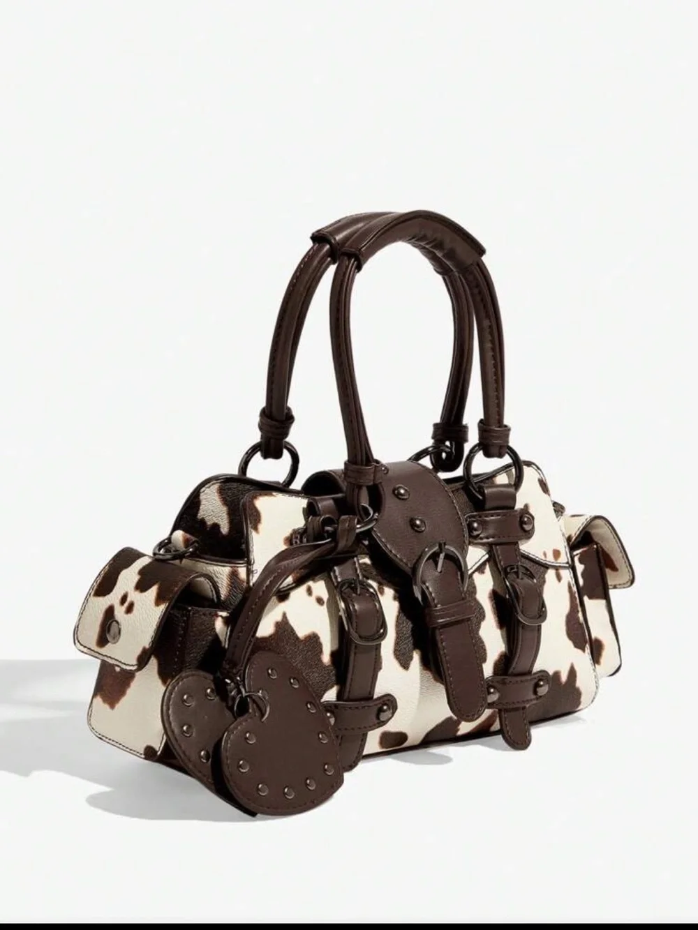 NEW ARRIVAL FAUX Cowhide-Print Brown Top-Handle Satchel with Heart Charm